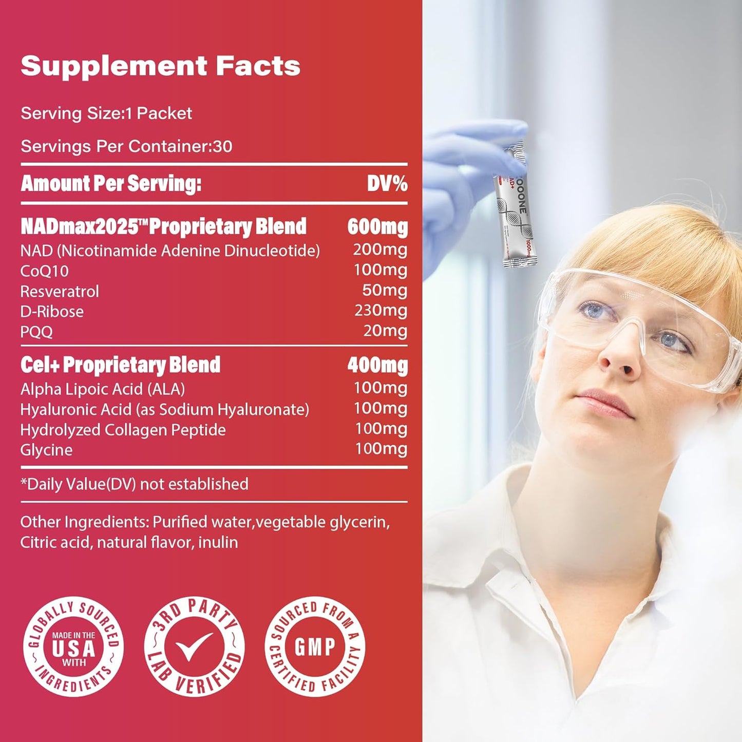 NAD+ Supplement with Resveratrol, 1000mg NMNH Supplement Alternative for Anti-Aging, Boost Energy, Support Cellular, High Purity NAD Plus for Women & Men, 30 Pockets | USA Made